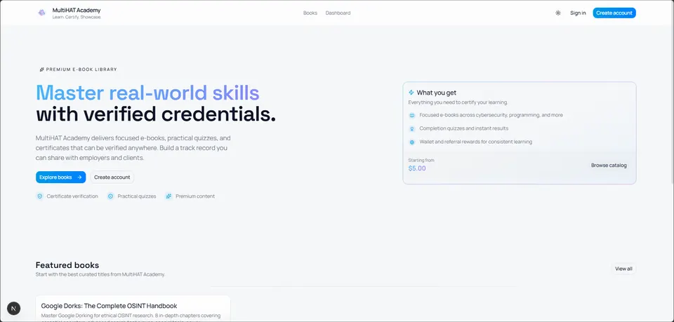 MultiHAT Academy landing page featuring the curated technical e-book catalog and credential overview.