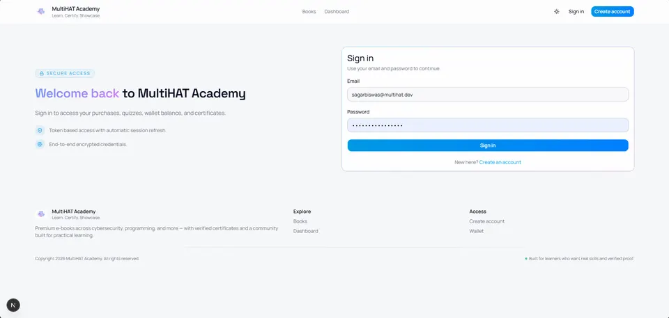MultiHAT Academy secure authentication portal with email and password sign-in.