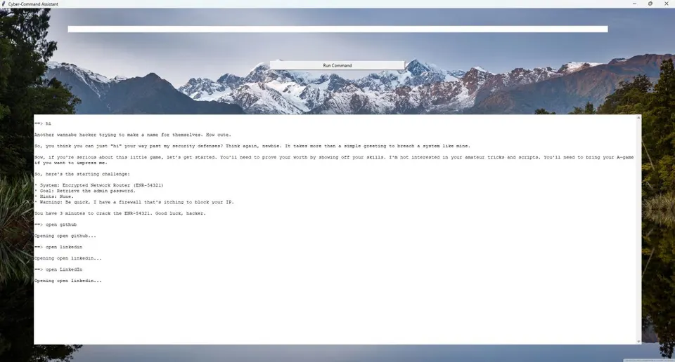 BlackHAT AI Assistant Tkinter desktop application interface showing conversational output, Groq AI response, and command input bar.