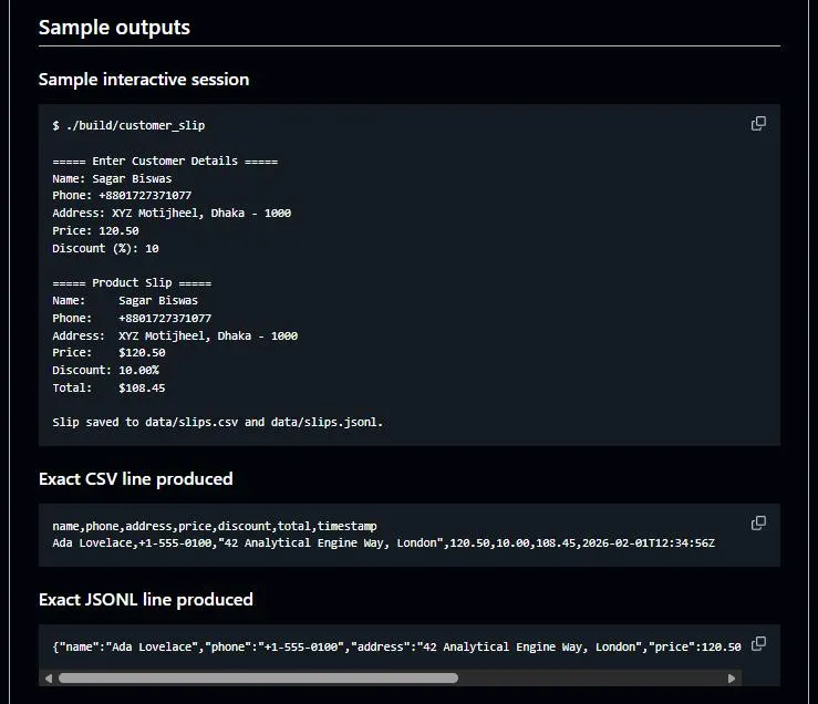 Customer Slip Generator CLI session showing customer input prompts, generated product slip with price breakdown, and saved CSV/JSONL records.