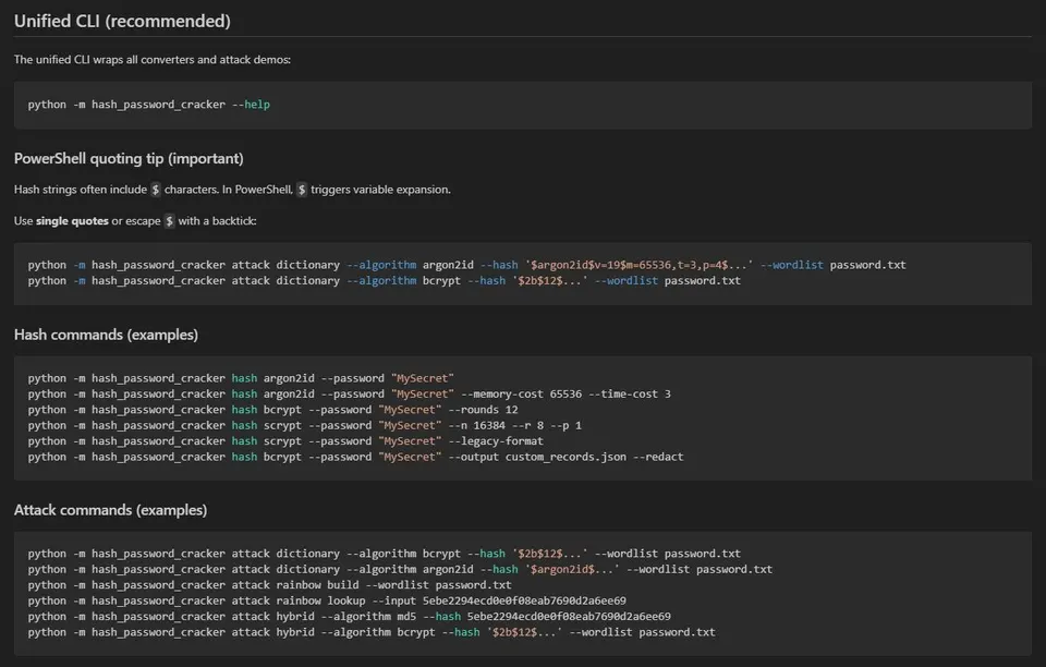 HashAttackDemos terminal showing unified CLI commands for password hashing, dictionary attacks, and rainbow table lookups.