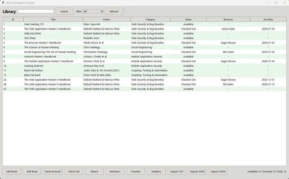 Library Management System main window showing book inventory table with search filters and status indicators.