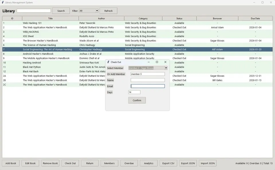 Book checkout modal displaying member selection, loan duration, and calculated return dates.