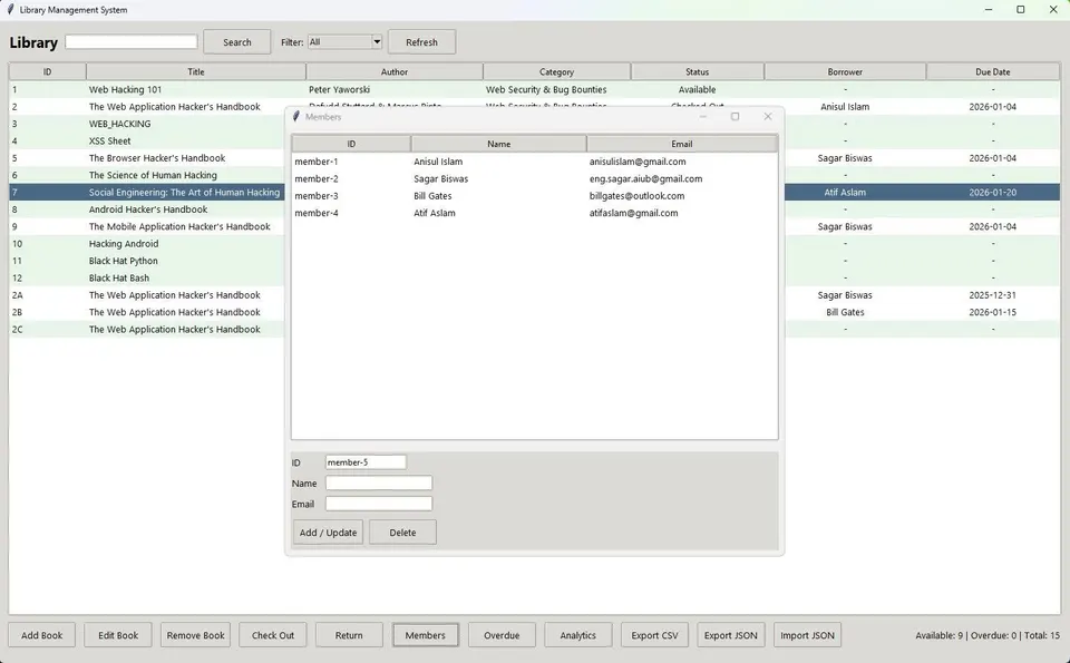 Member management window listing active members with loan constraints and contact info.