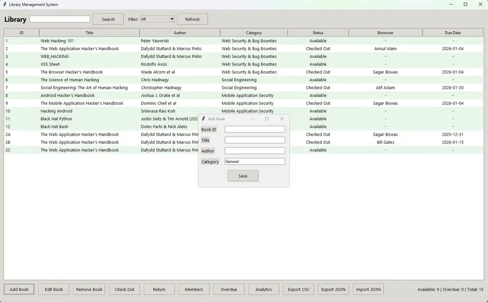 Add book interface with title, author, category inputs, and automated ID suggestion.