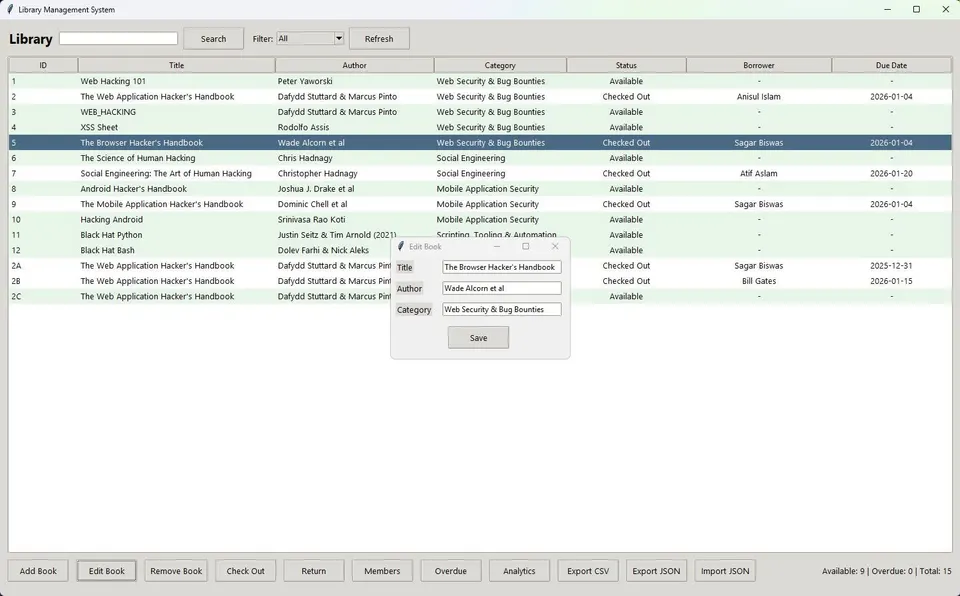 Edit book modal for updating catalog details and category tags.