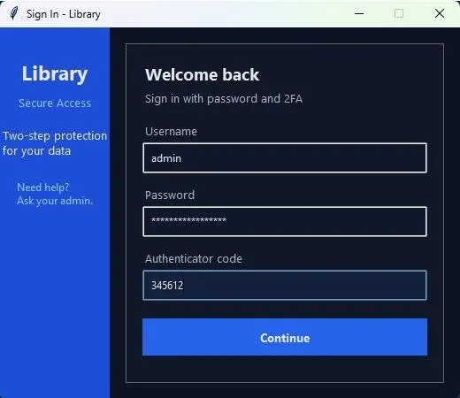 Two-step authentication sign-in dialog requiring password and 6-digit TOTP authenticator code.