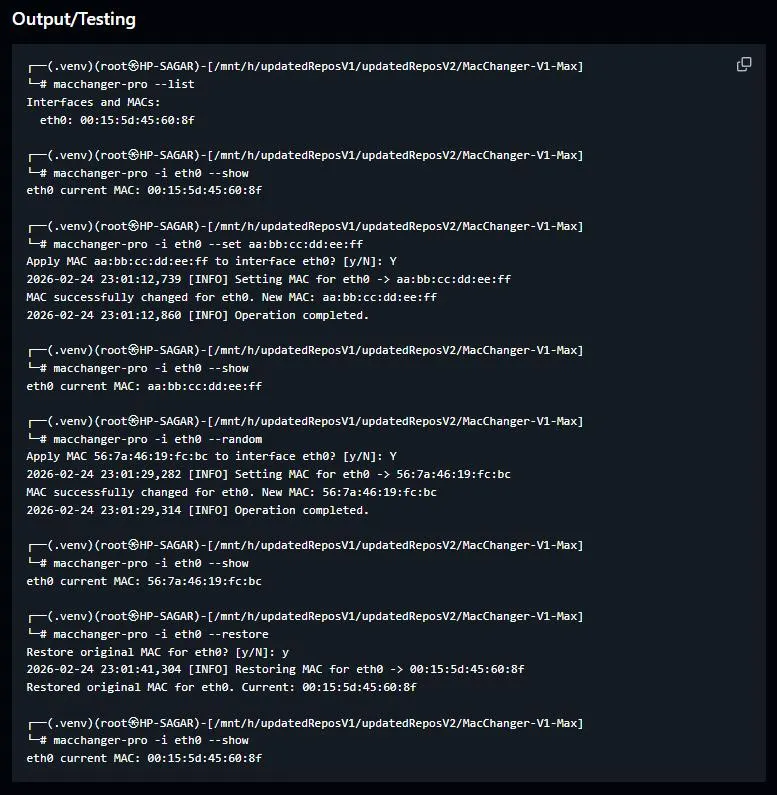 MacChanger-V1-MAX terminal session showing interface listing, manual MAC assignment, random MAC generation, and original MAC restoration.