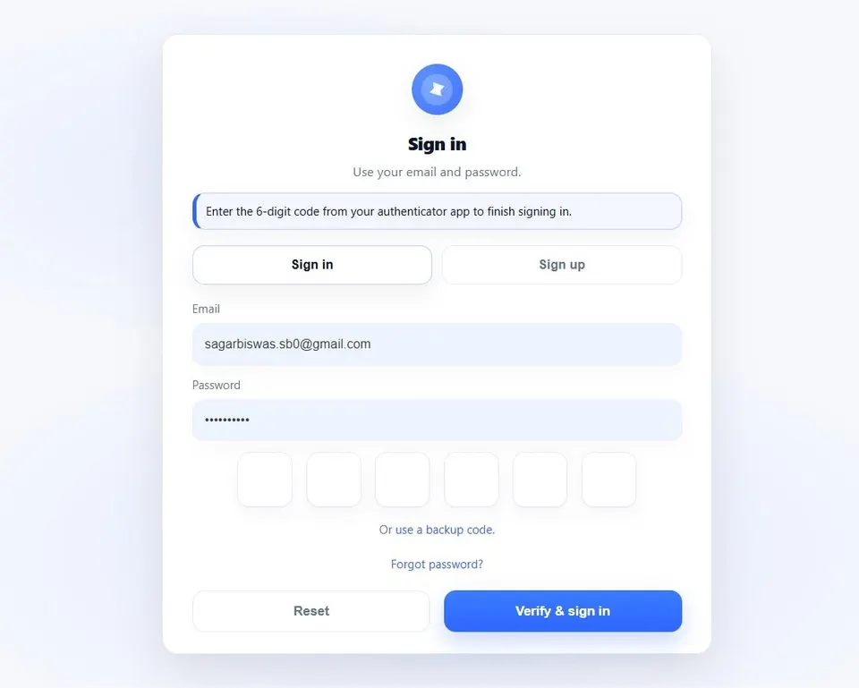 2FA challenge modal prompting for 6-digit TOTP code from an authenticator app.
