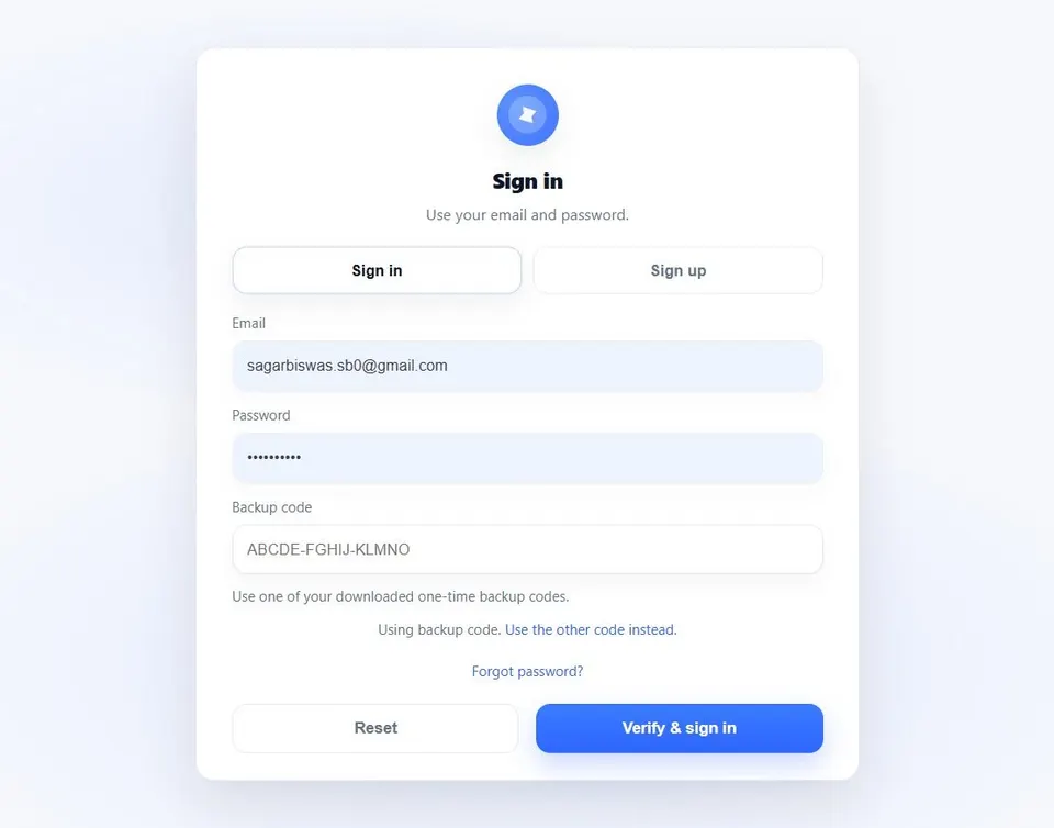 Fallback authentication screen accepting single-use emergency backup recovery codes.