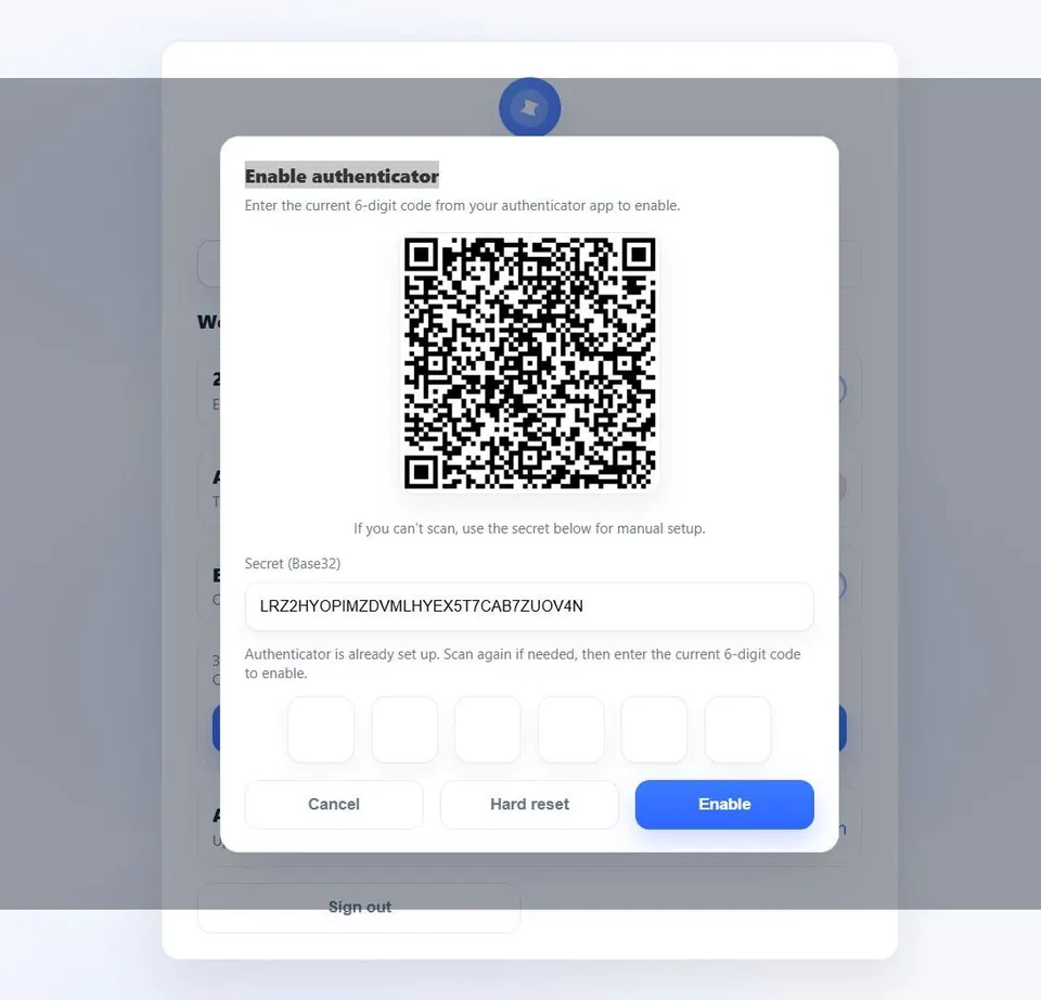 Authenticator setup modal displaying QR code, secret key, and verification prompt.