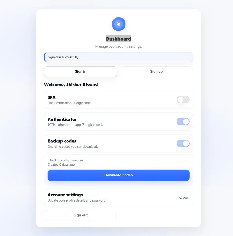 Protected user dashboard displaying active profile details, security status, and quick actions.