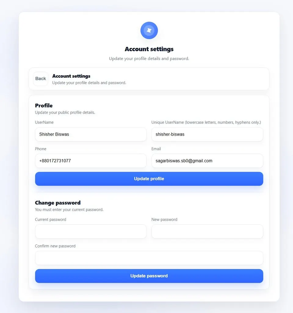 Account security settings panel with 2FA toggle, backup code generation, and password change.