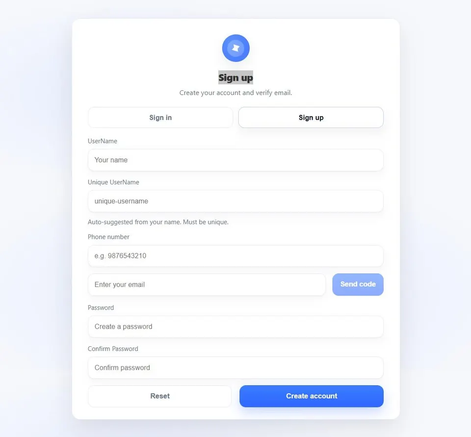 User registration form with smart username auto-suggestion and email verification OTP trigger.