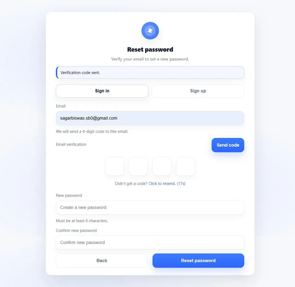Forgot password recovery interface with email OTP validation and password reset fields.