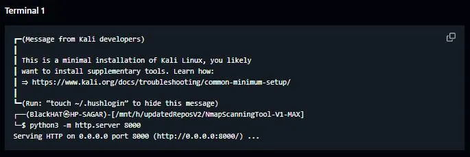 Kali Linux terminal showing lightweight Python HTTP listener setup on port 8000 for local scan verification.