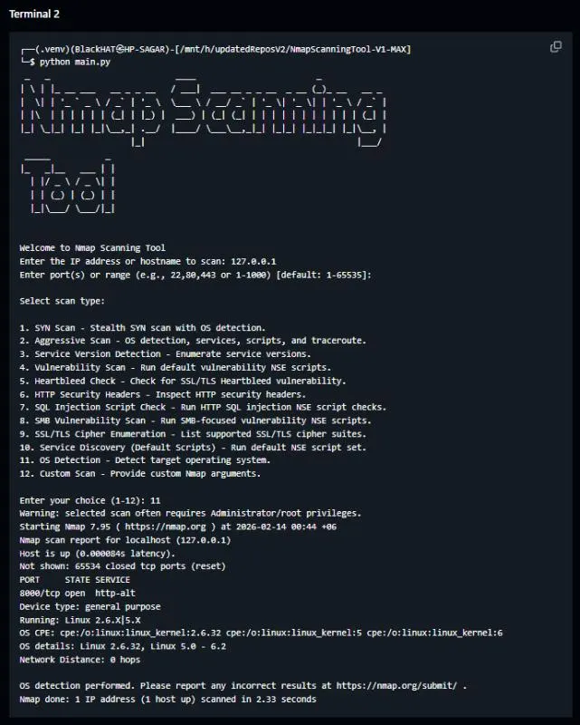Nmap Scanning Tool terminal output showing interactive menu with 12 scan profiles, target input, and OS detection scan results.