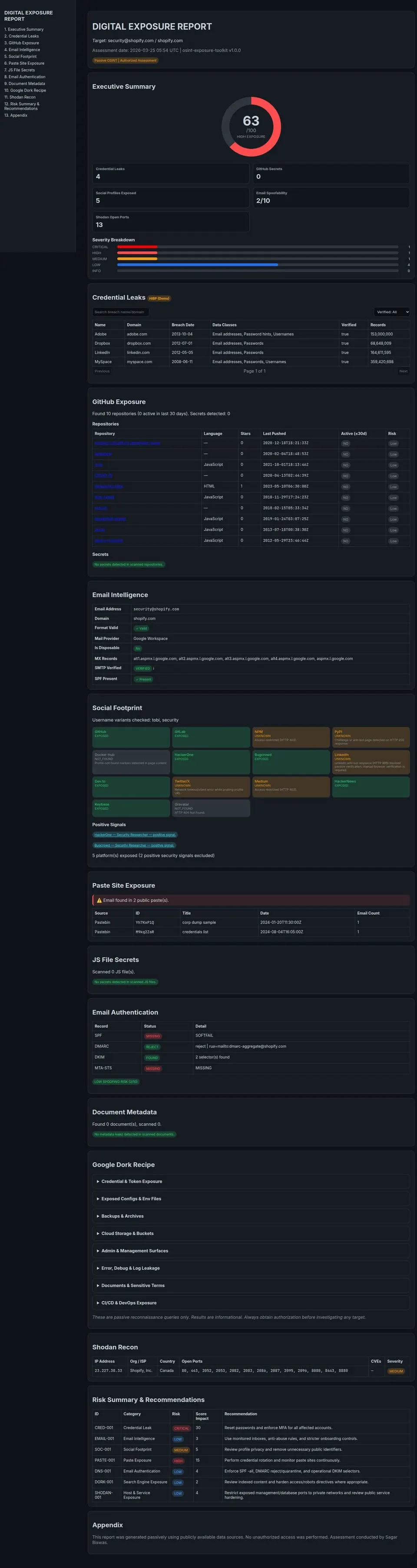 Full interactive HTML exposure report featuring executive risk score, breach breakdown, DNS posture, and prioritized remediation actions.
