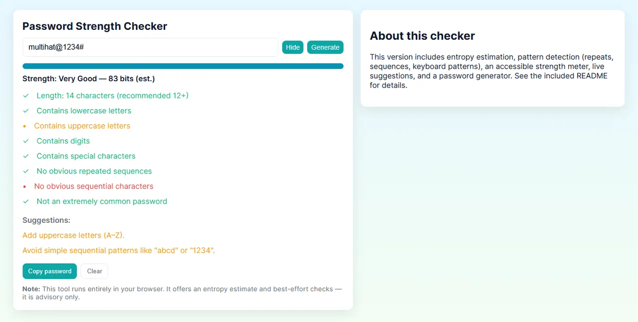 Password strength checker interface with entropy score and recommendations.
