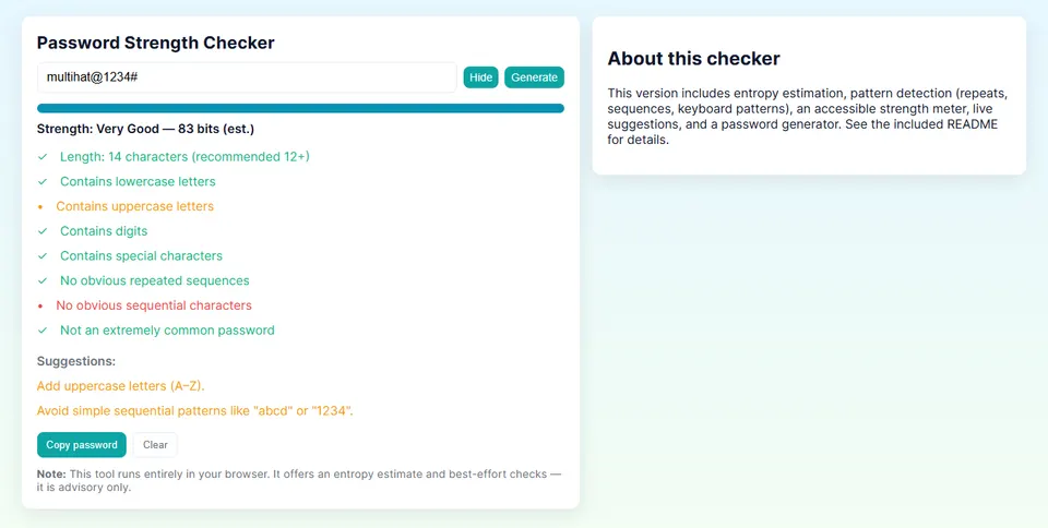 Password strength checker interface with entropy score and recommendations.