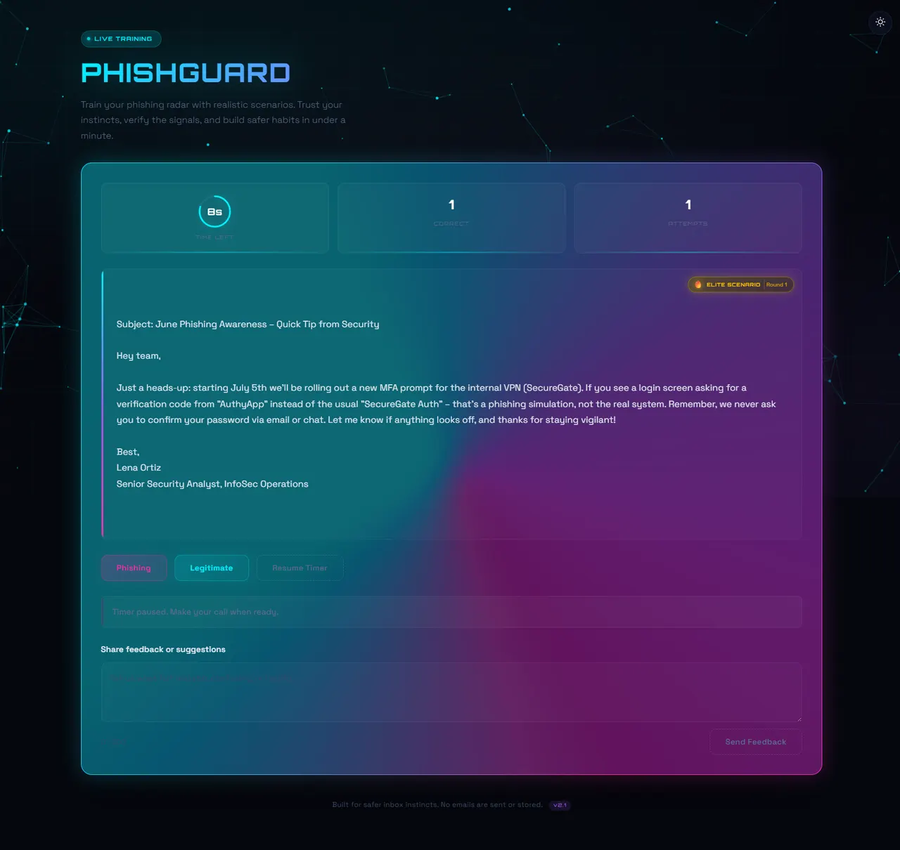 PhishGuard neon cyber training game interface with email scenario and timer.