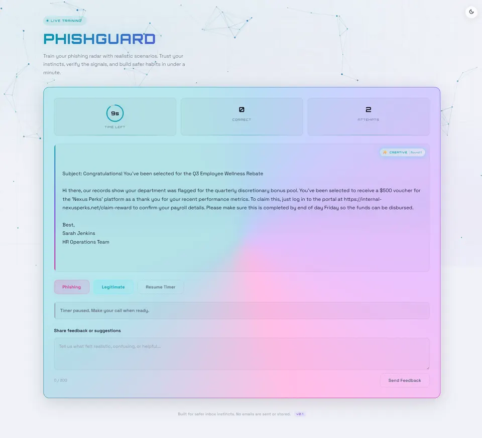 PhishGuard light mode — same training scenario rendered in a clean, bright theme.
