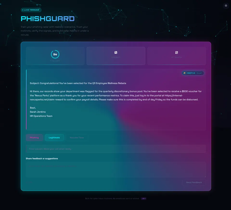 PhishGuard dark mode — phishing email scenario with 9-second timer, Phishing/Legitimate controls, and feedback panel.