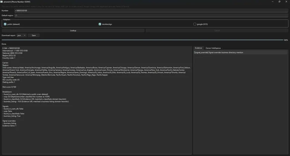Phoneint GUI showing parsed phone number formats, time zone, country code, and initial risk signals.