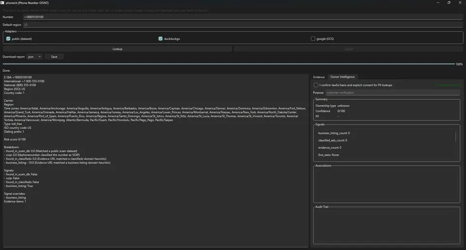 Phoneint GUI displaying normalized E.164 phone details, carrier info, location, risk score, and consent-gated owner intelligence.