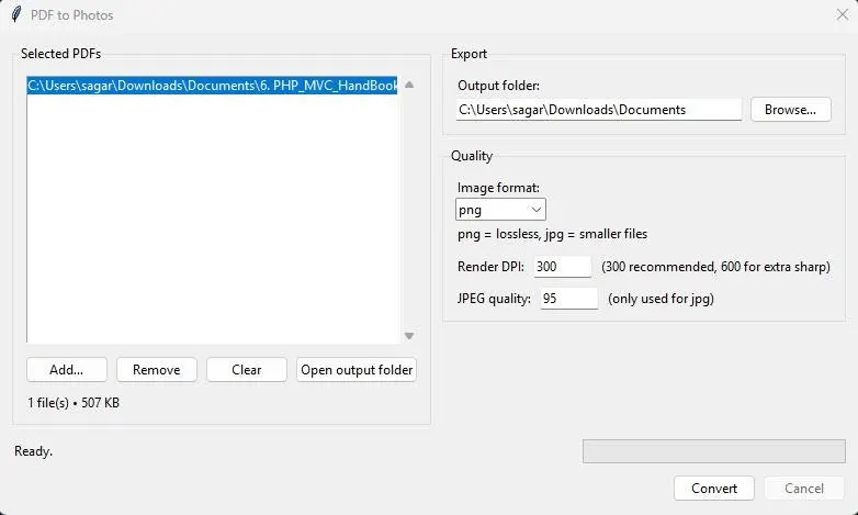 Photo-PDF Bidirectional Converter PDF → Photos tab with PDF file input, render DPI selector, and image format options.