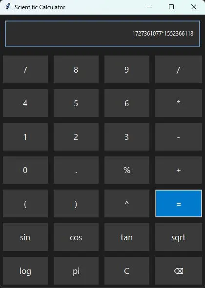 PyCalculator desktop interface showing arithmetic and scientific function buttons, expression display, and responsive Tkinter layout.