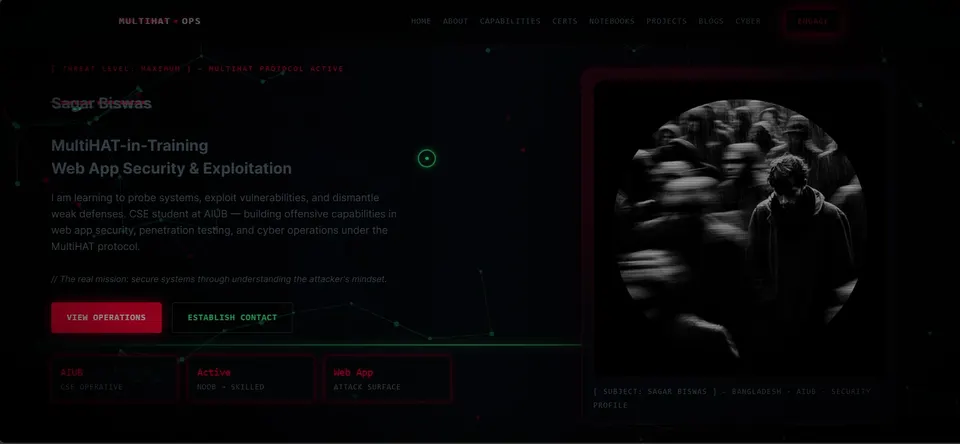 Dark cyber operations themed portfolio homepage for Sagar Biswas.
