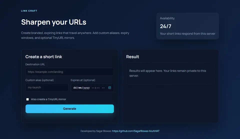 SharpLink URL shortener interface with custom alias form and availability status panel.