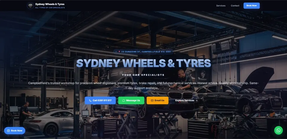 Sydney Wheels and Tyres premium automotive workshop homepage.