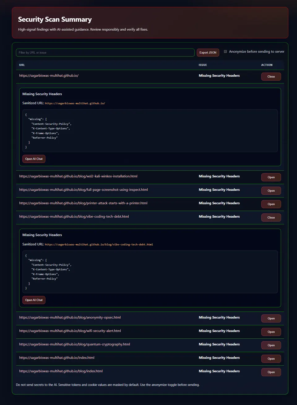 Complete HTML vulnerability scan report showing target URL, crawl depth, identified findings, and severity badges.
