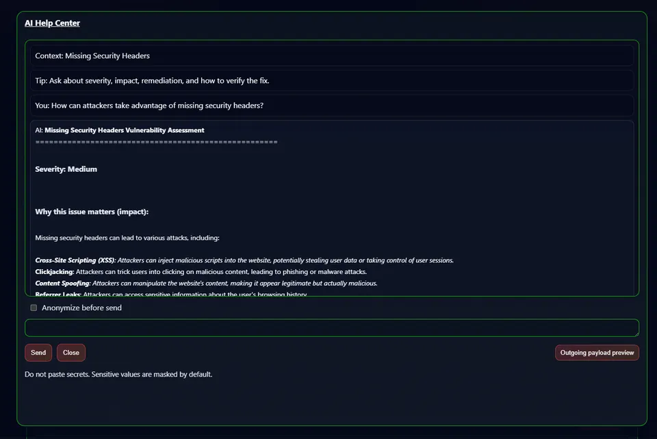 Interactive AI chat prompt providing contextual fix recommendations for detected web vulnerabilities.