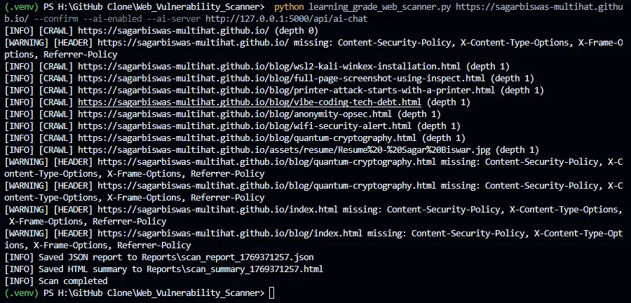 Terminal output from mainScaner.py executing polite queue-based crawl and real-time vulnerability checks.
