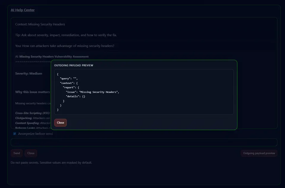 AI Help Center toggle demonstrating client-side data anonymization before dispatching payloads to the LLM backend.