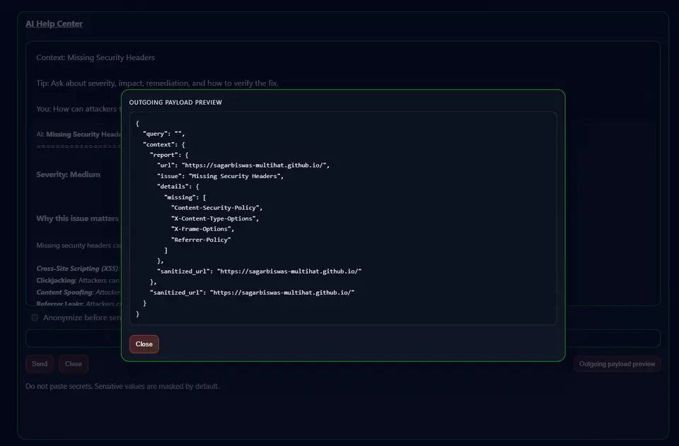 AI Help Center prompt showing complete raw finding context sent to the remediation model.
