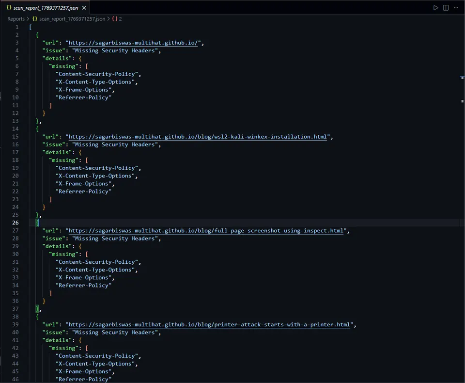 Structured JSON vulnerability report output containing full host metadata, timestamps, and findings list.