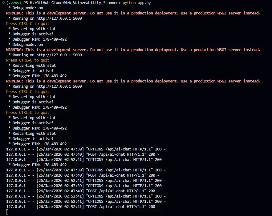 Flask backend server console handling AI proxy requests and Groq LLM orchestration.