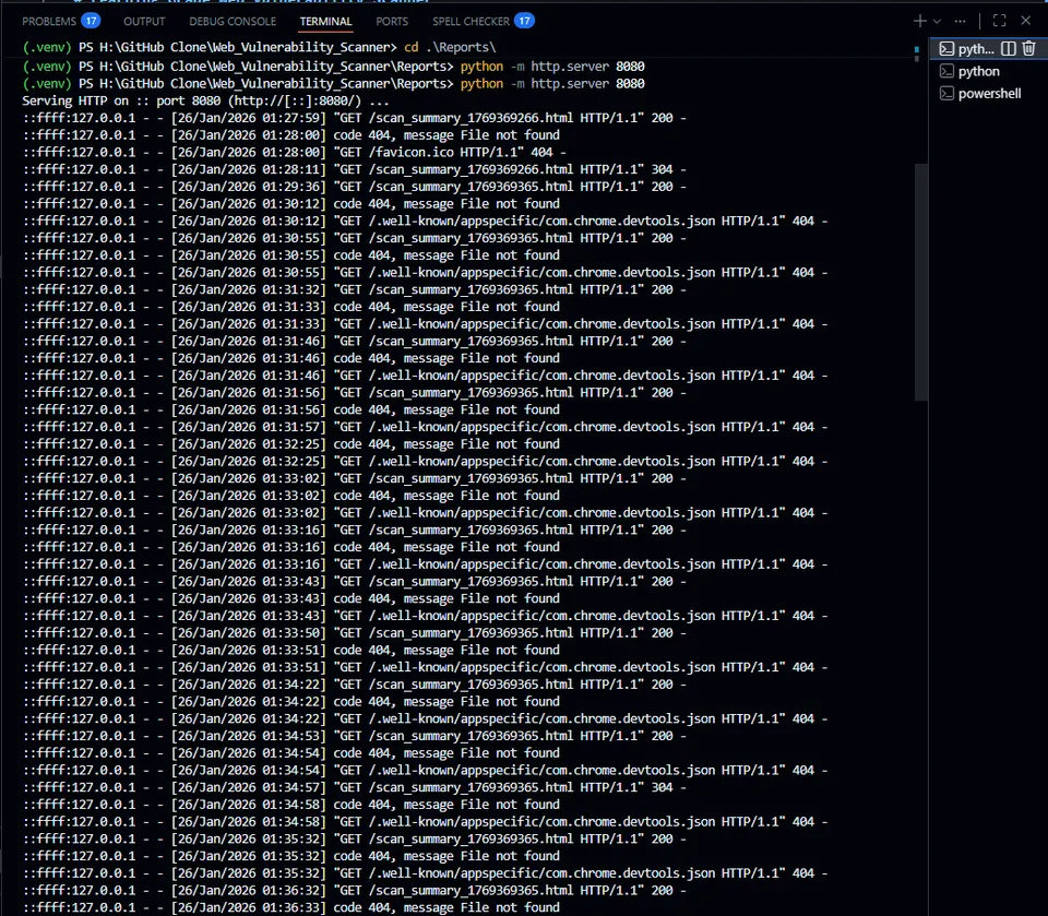 Local Python HTTP server hosting interactive HTML reports on port 8080.