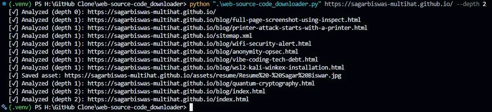 WebSource Harvester CLI terminal session showing depth-controlled crawling execution against a target site.