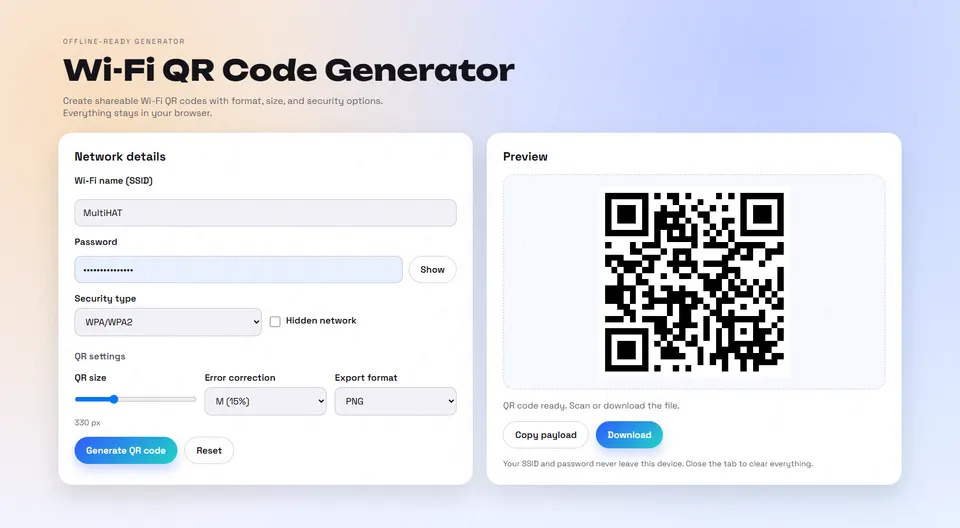 Clean Wi-Fi QR code generator interface with network details and QR preview.