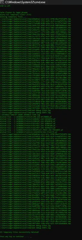 WinTempCleaner Command Prompt console showing interactive confirmation prompt and successful deletion of temporary files.